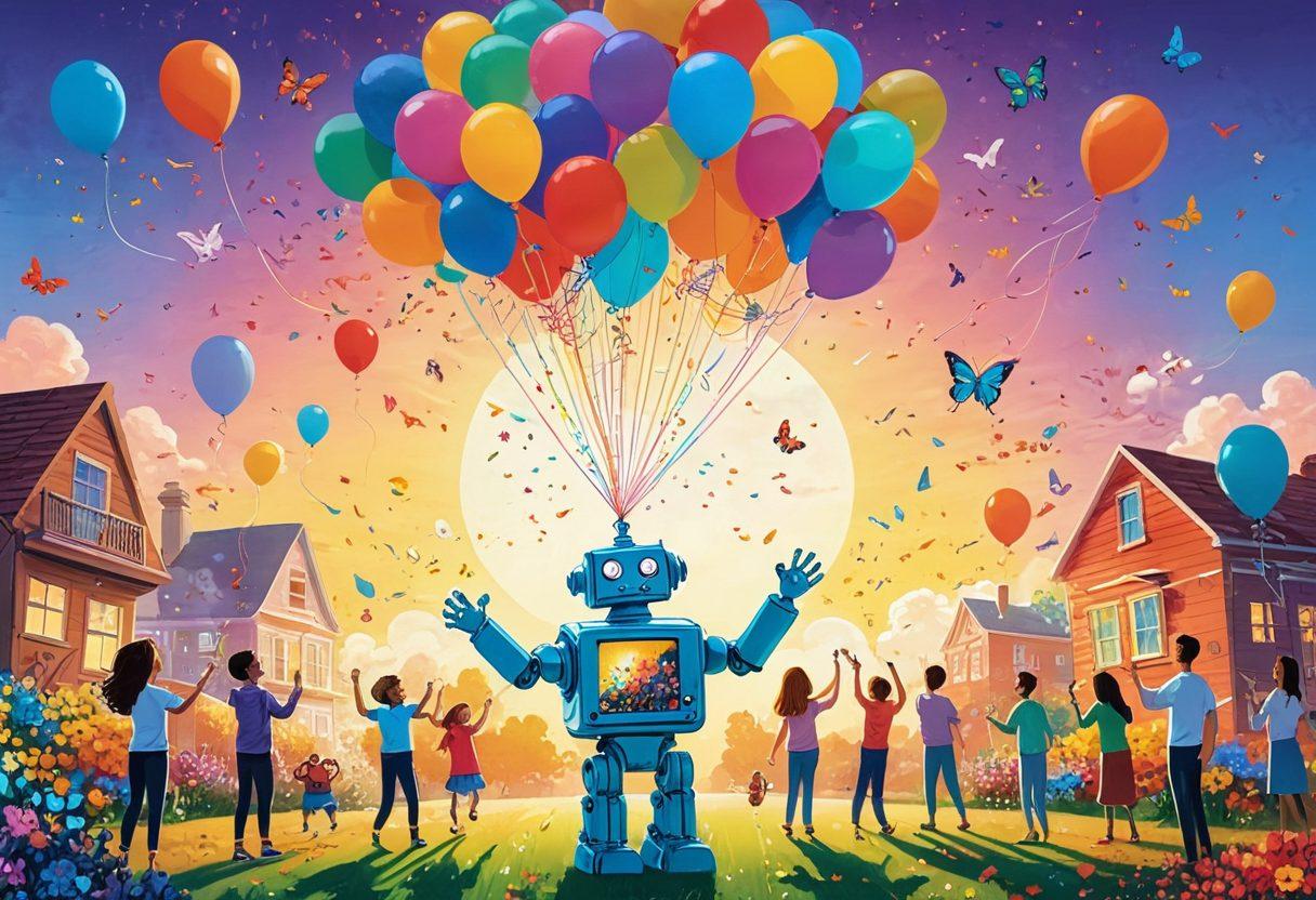 A vibrant illustration of whimsical inventions sparking joy, featuring cheerful people interacting with quirky gadgets, surrounded by blooming flowers and colorful butterflies, creating an atmosphere of happiness and creativity. The inventions include a cheerful robot handing out balloons, a cheerful machine dispensing confetti, and a bright sun shining above. bright colors. digital art. playful style.