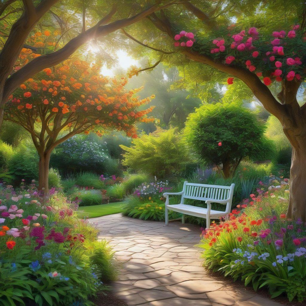 A serene garden filled with vibrant flowers and lush greenery, featuring a peaceful bench under a blooming tree, soft sunlight filtering through the leaves, a gentle breeze adding movement to the scene, and joyful individuals engaging in harmonious activities. super-realistic. vibrant colors. tranquil atmosphere.